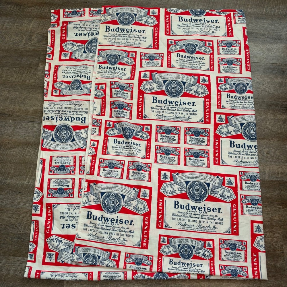 Sears Perma-Prest Budweiser Beer Label Flat Sheet Twin White Red Blue Vintage